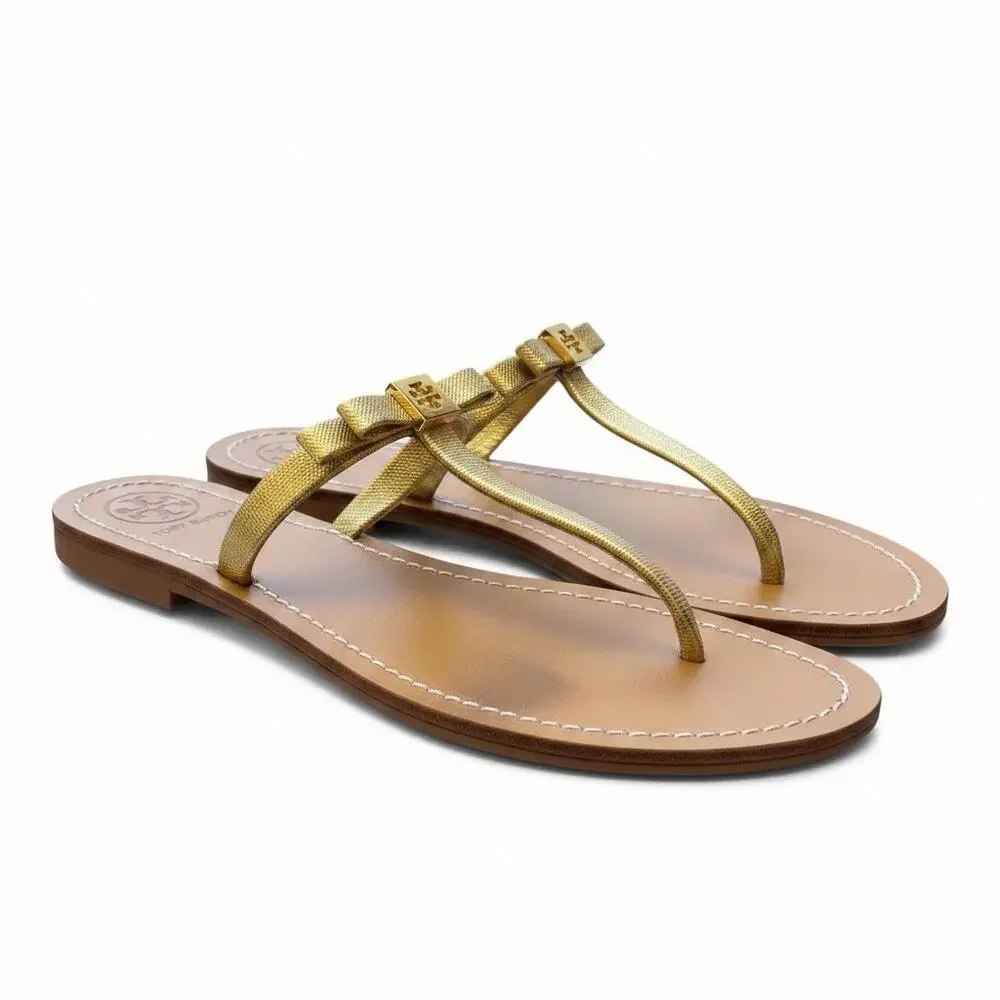 Tory Burch Leighanne Gold Metallic Leather Bow Thong Sandals Size 9